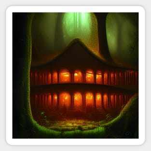 Magical Big Cottage Mushroom House with Lights in Forest with High Trees, Mushroom Aesthetic Sticker